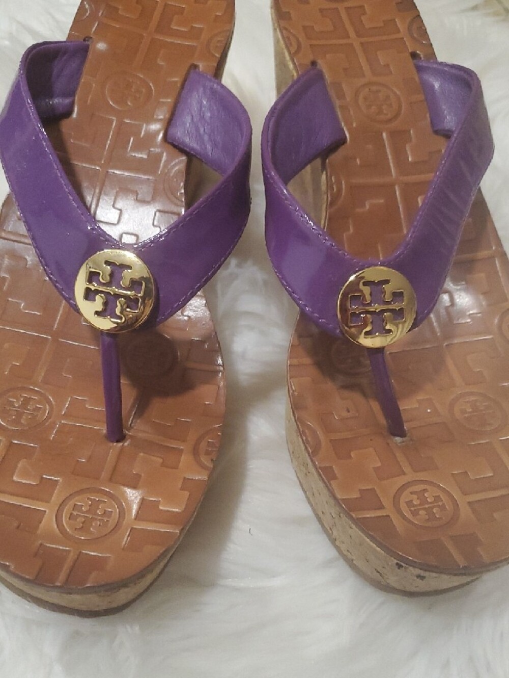 Tory Burch Purple Leather Logo Thong  Wedge Sandals - Picture 3 of 15